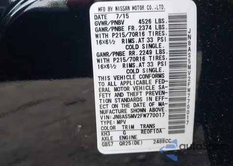 2015 Nissan Rogue Select S z USA, uszkodzony, nr VIN JN8AS5MV2FW770017